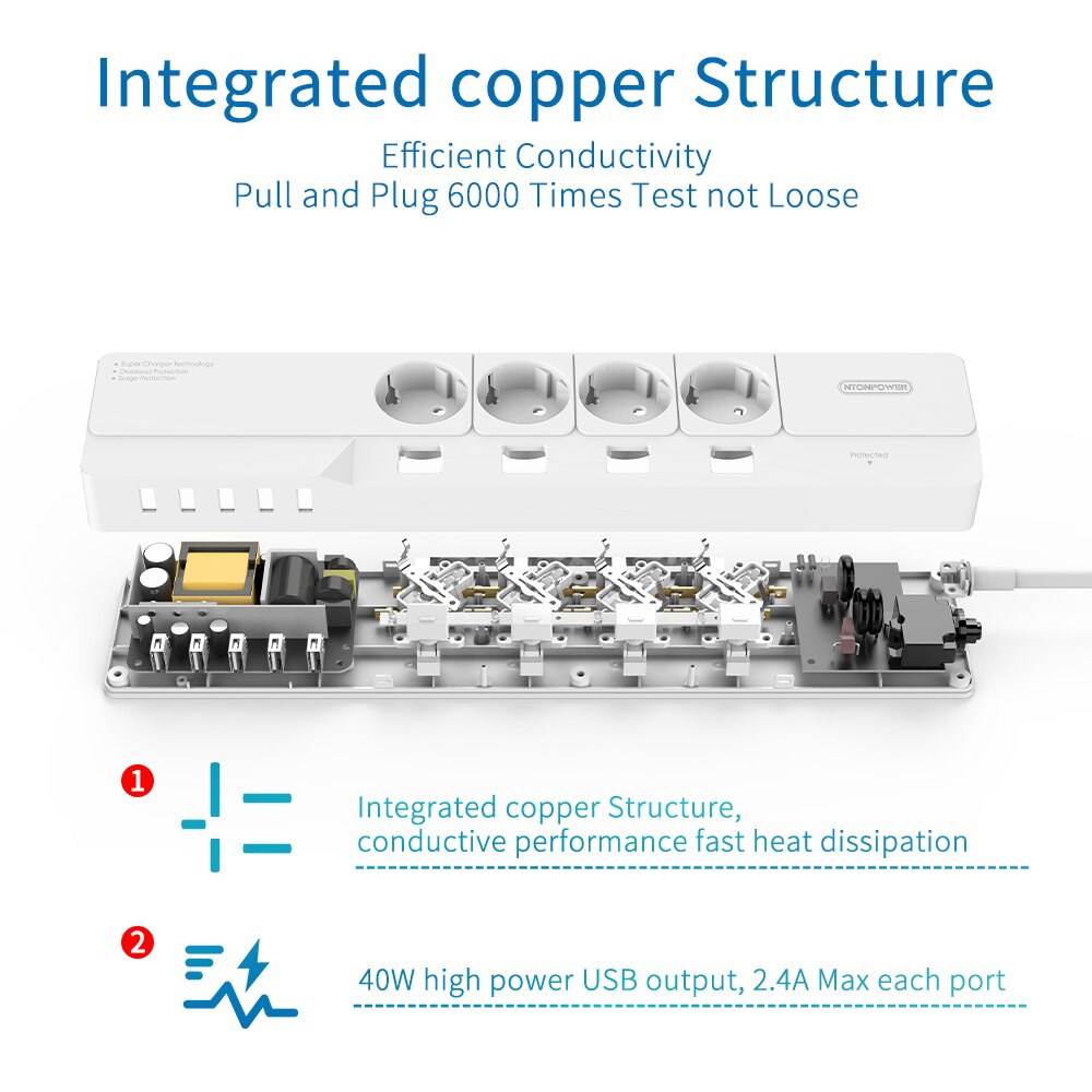NTONPOWER Power Strip - 4000W 16A - 4 AC Outlets + 5 USB Ports - 1.5m Cable - Surge Protector with Switch