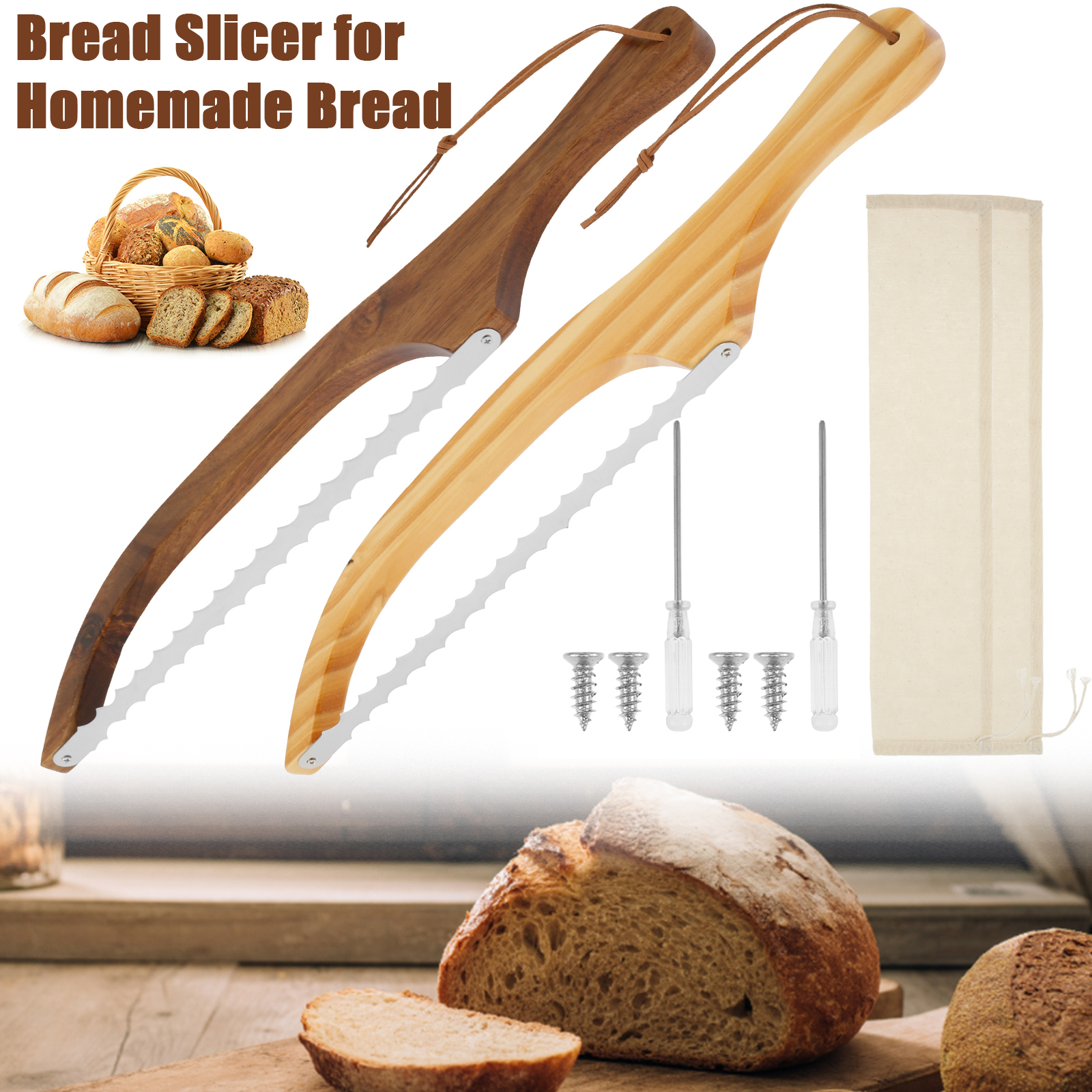 Wooden Bread Bow Knife Serrated Bread Bow Cutter Stainless Steel Sourdough Bread Knife Bread Knife Cake Cutting