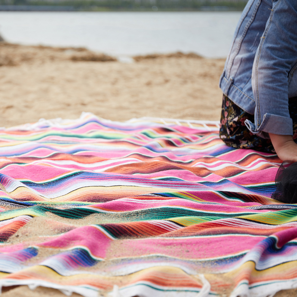 Manta de playa de estilo étnico, 8 colores, tapicería para el hogar, camping, Picnic, viaje, avión, esterilla de algodón, India mexicana, cobija de arcoíris hecha a mano