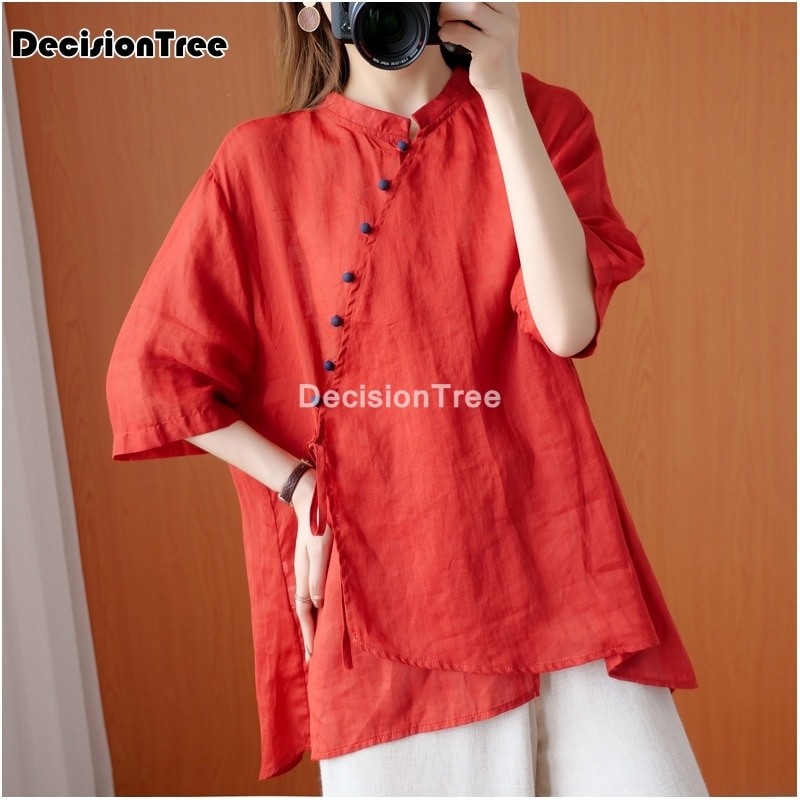 2022 Vrouwen Hanfu Tops Chinese Katoen Linnen Qipao Shirt Chinese Stijl Traditionele Vrouwen Rode Tang Pak Losse Hanfu Blouse