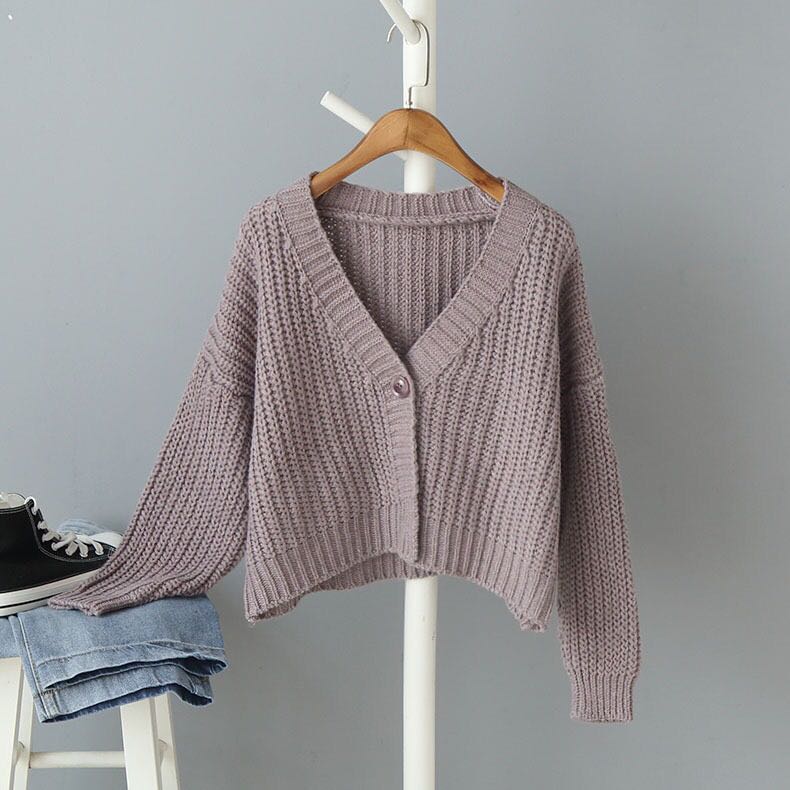 Høst dame retro stil ensfarget en knapp løs v-hals strikket cardigan genser damejakke rosa hvit: 3