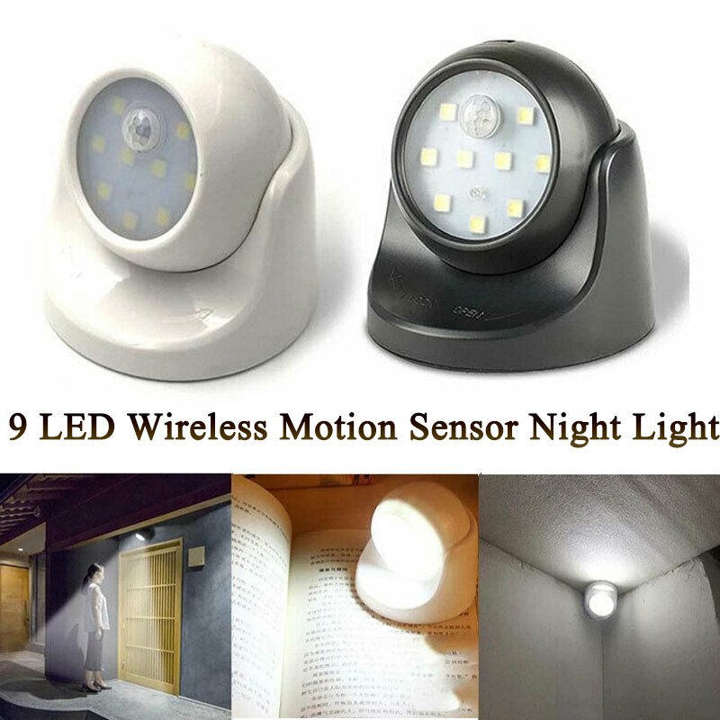 9 Led Draadloze Motion Sensor Nacht Licht 360 Graden Rotatie Nachtlampje Lamp Wandlamp Lamp Batterij Power Auto op Off