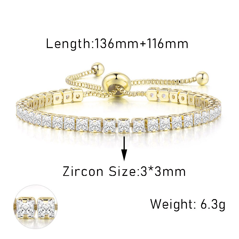 Adjustable Squares 3/4mm AAA+CZ Tennis Bracelets for Women Shiny Crystal Short Chain on Hand Sexy Accessories Jewelry: Dark Gold