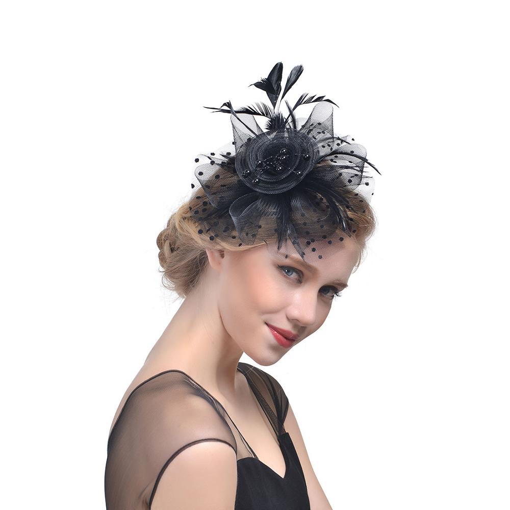 Vintage brude hatte fjer hovedbeklædning blomst fascinator stor gatsby brude hovedbeklædning til bryllupsfest elfenben hvid rød pink prom: Sort