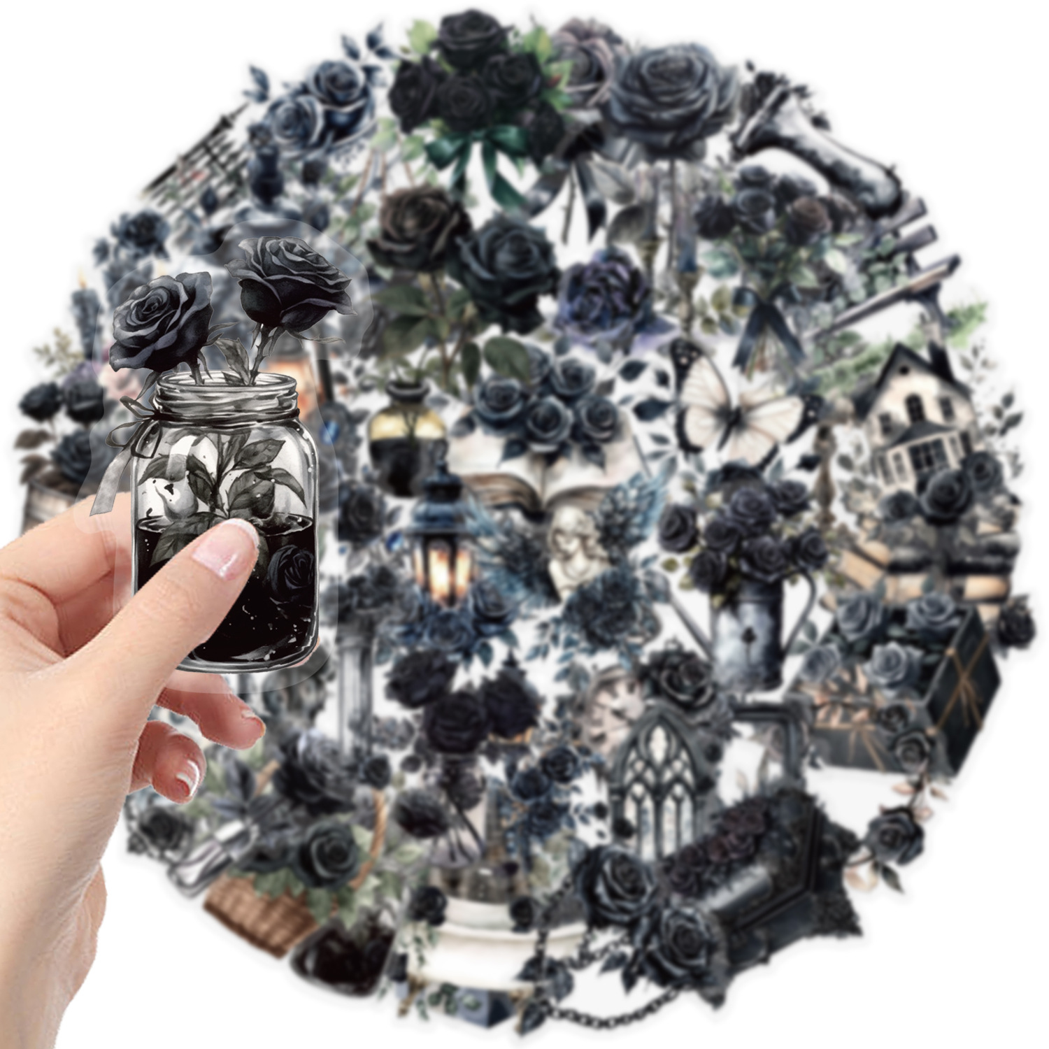 10/30/50 PIÈCES La Rose Noire Autocollants Transparent Autocollant BRICOLAGE Jouet Scrapbook Bagages Ordinateur Portable Guitare Vélo Planche À Roulettes Graffiti Autocollants