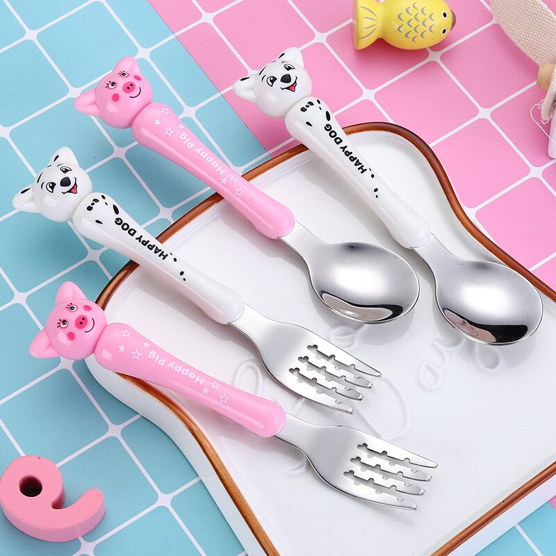 2 Pcs Baby Servies Set Kinderen Gebruiksvoorwerp Rvs Peuter Servies Bestek Cartoon Baby Voedsel Voeden Lepel Vork