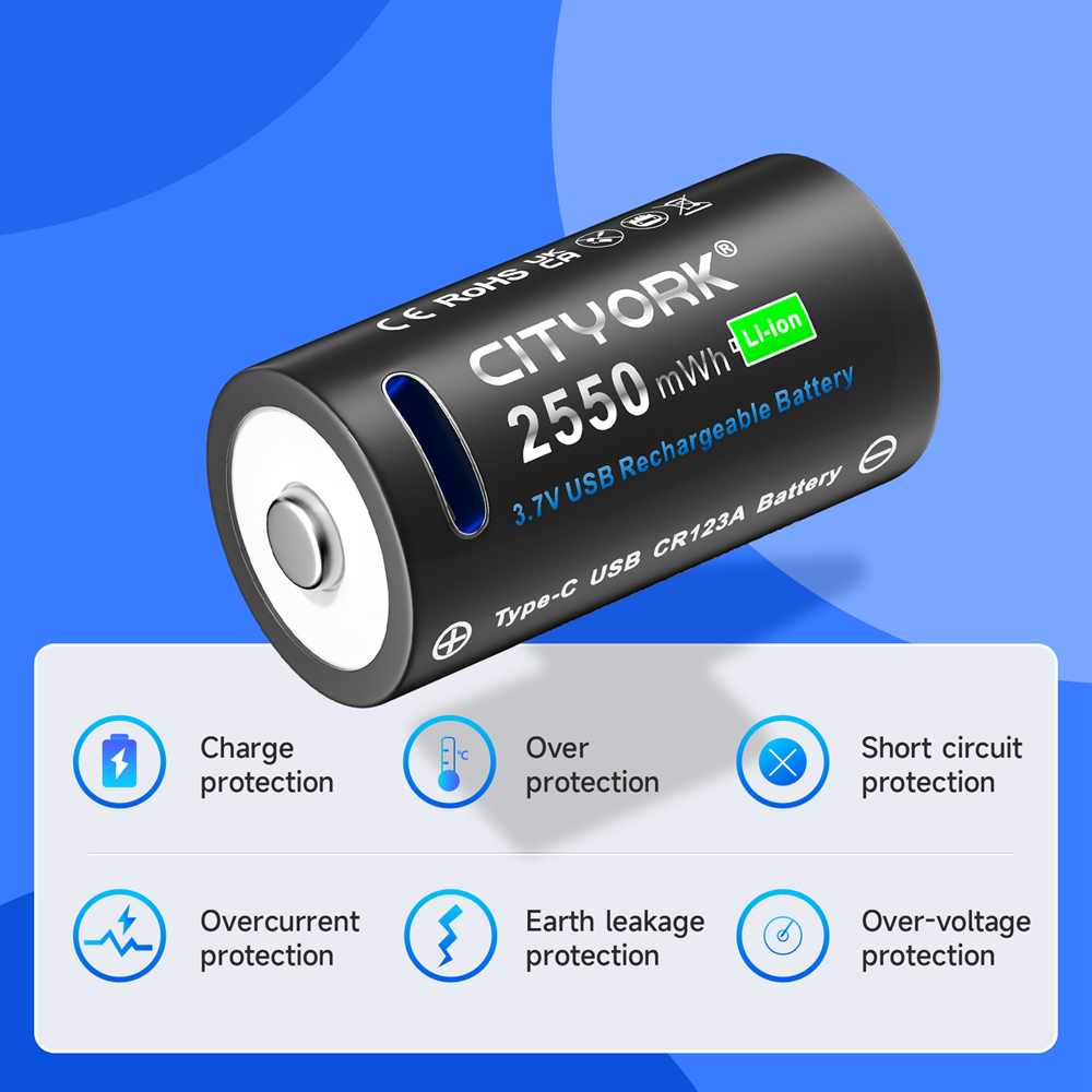 CITYORK CR123A Bateria 2550mWh 3.7V Akumulator Li-ion 16340 Do Latarki LED 16350 RCR123 Bateria + Kabel USB Type-c