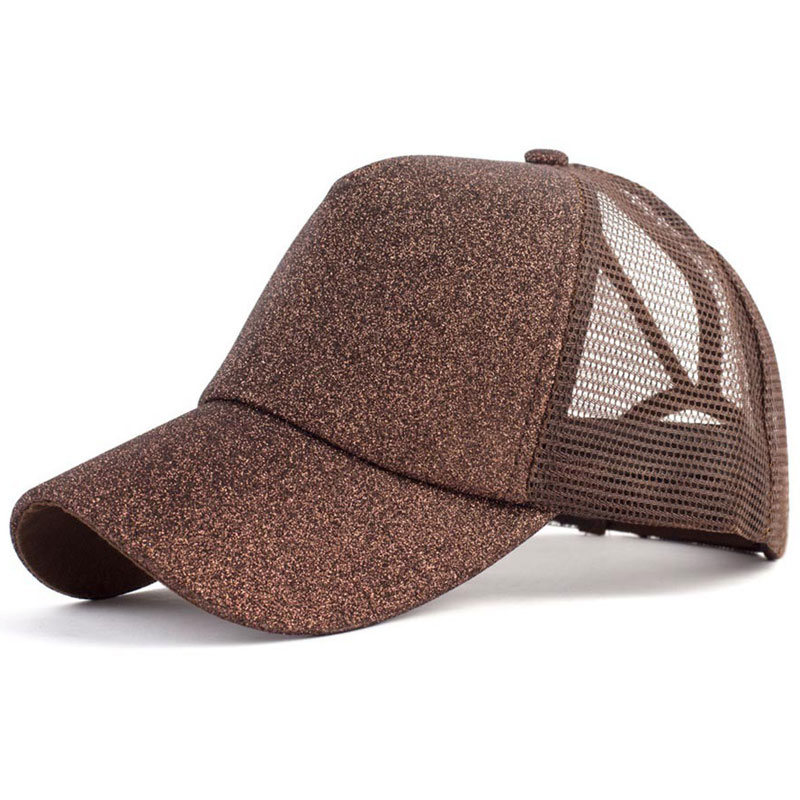 Damehat glitter høj hestehale hul kasket 5 #39 mesh trucker baseball cap guld sølv hvid sort pink brun blå: Rødbrun