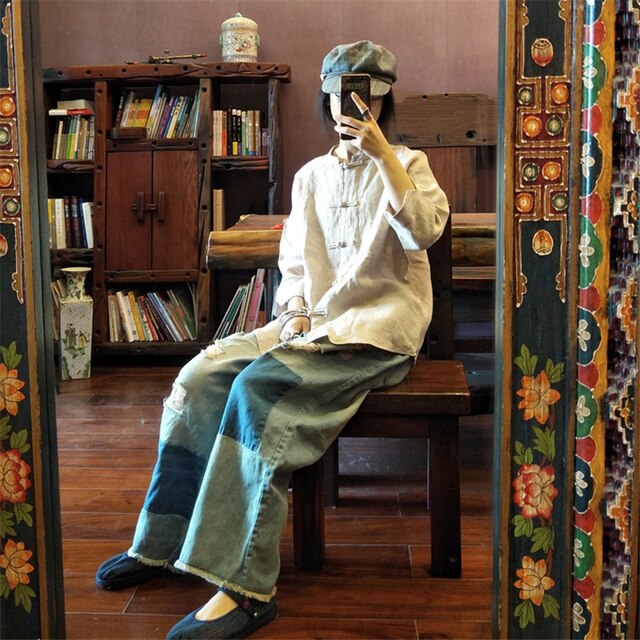 Tang Suit for Ladies Summer Chinese Retro Style Thin Flax Long Sleeve Soft Solid Color Cardigan Tops Casual Clothing: Color2