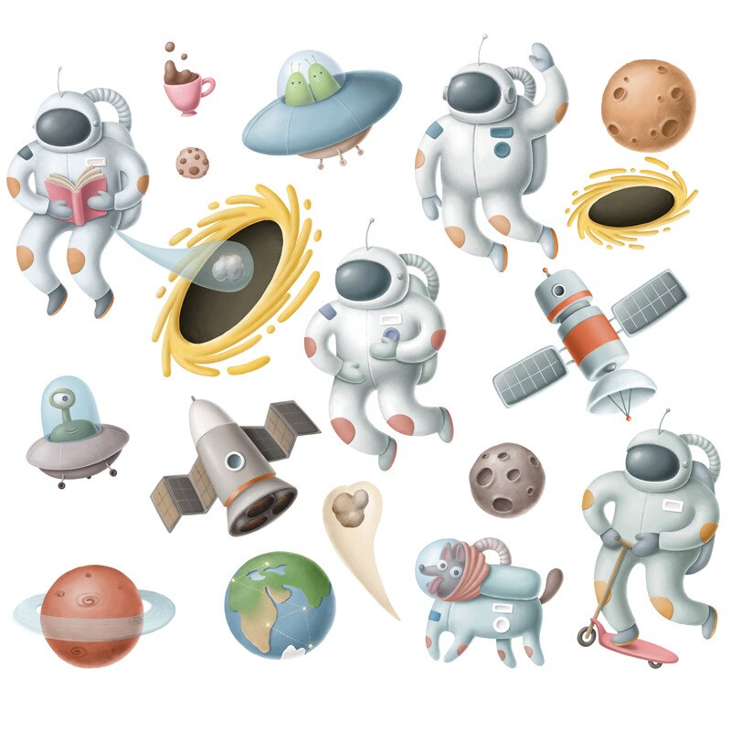 Cartoon Astronaut Muurstickers Voor Kinderkamer Nursery Babykamer Milieuvriendelijke Vinyl Ufo Muurstickers Diy Art Verwijderbare Muurschilderingen