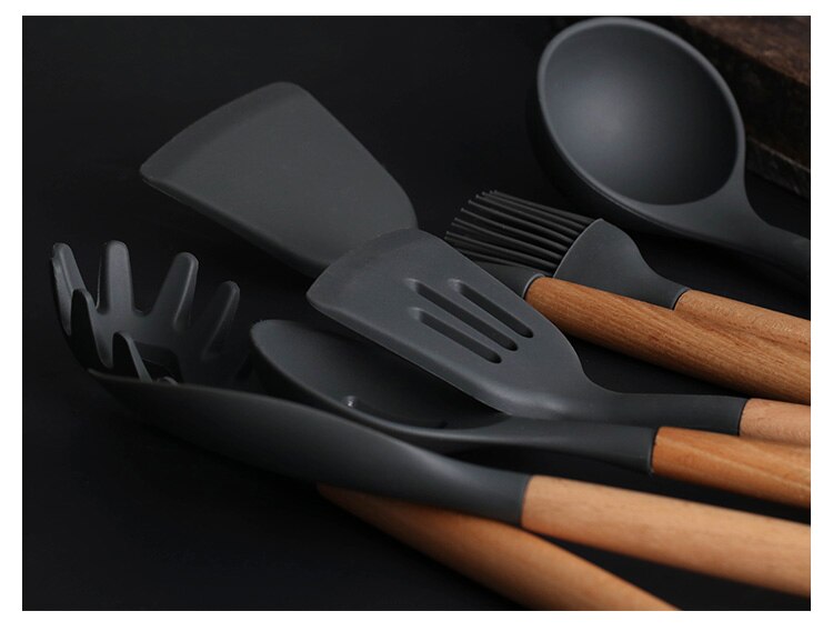 Silikone køkkenredskaber madlavningssæt suppe ske spatel non-stick skovl med træhåndtag specielt varmebestandigt