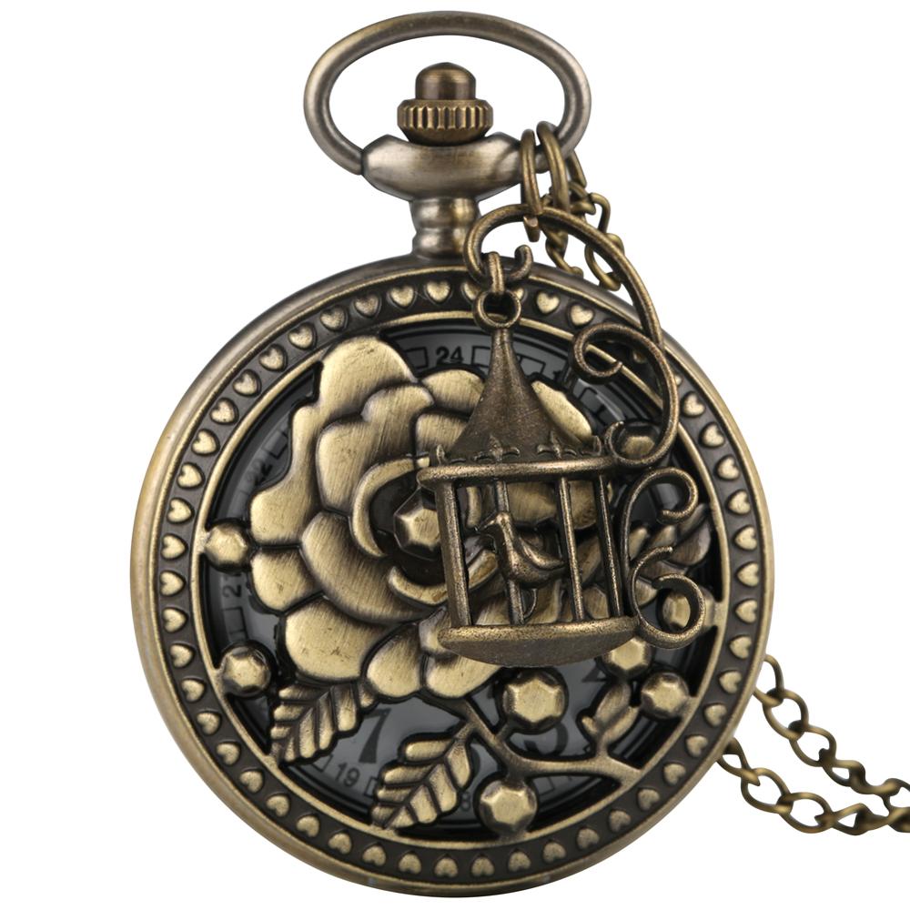 Reloj de bolsillo grabado Vintage de cuarzo rosa, exquisito collar hueco de flor completa, cadena, accesorio para mujer, reloj de bronce para mujer,: 3