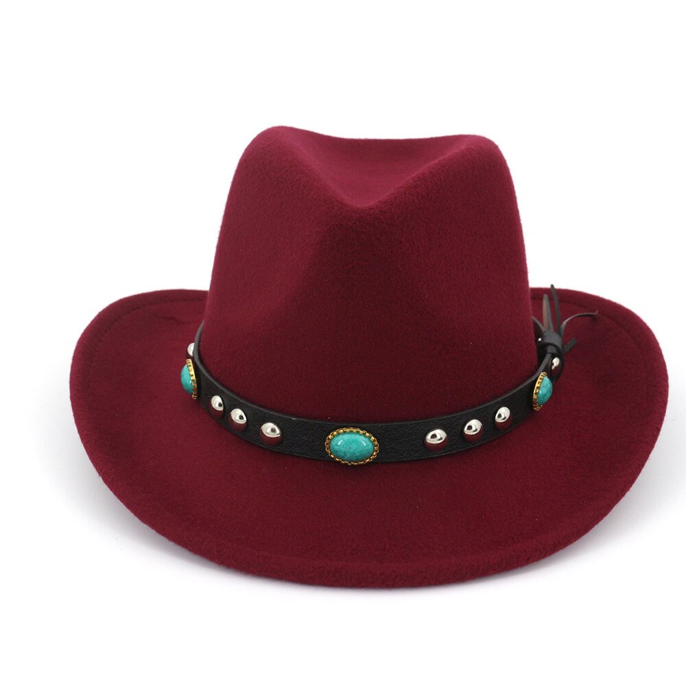 Men Women Wool Western Cowboy Hat With Punk Belt Sombrero Hombre Wide Brim Jazz Hat: Wine Red