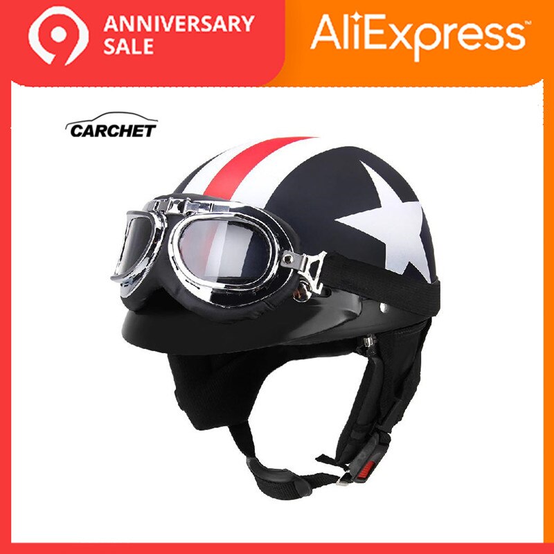 CARCHET Unisex Motorhelmen met Goggles Half Open Gezicht Strip Sterren Helm Retro Vintage 54-60cm Universal Cool man Helm
