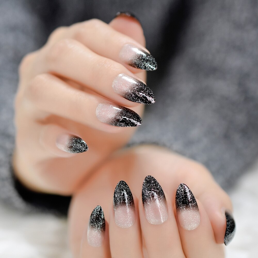 Gradiënt Clear Black Franse Pers Op Kunstnagels Tips Stiletto te Dragen Bling Zilveren Glitter Ovale Scherpe DIY Ontworpen nagels