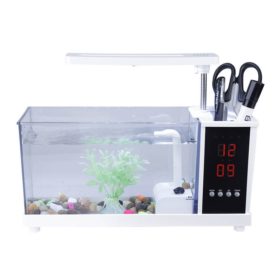 USB Desktop Mini Aquarium Fish Tank Aquarium with LED Light LCD Display Screen and Clock Fish Tank Decoration with Pebbles