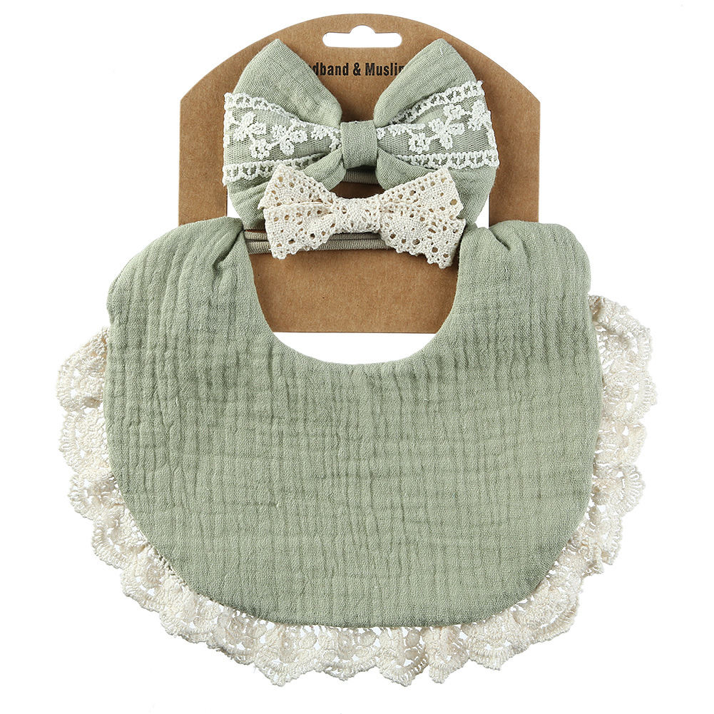 Babyvoeding Kwijl Bib Kant Hoofdband Set Zachte Katoen Speeksel Handdoek Burp Doek Voeden Kwijlen Slabbetjes Schattige Kinderen Haar Accessoires: green