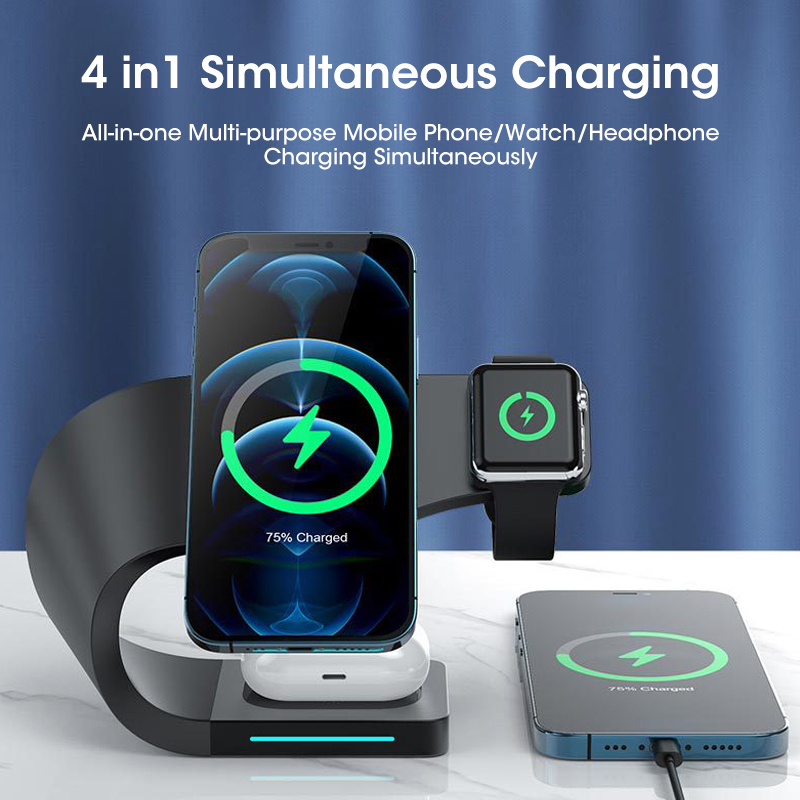 Qi Magnetische 4 In 1 Draadloze Oplader Voor Iphone 13 12 11 Mini Pro Max Horloge Inductie Snel Opladen Voor apple Horloge Airpods