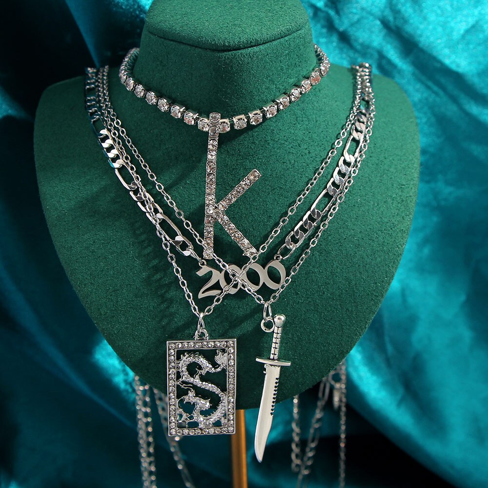 Collares de cristal multicapa con de mariposa y dragón para mujer, cadena de clavícula con letras de Ángel dorado Punk, joyería para de hip hop, novedad