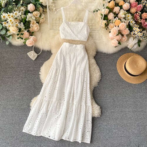 Sommer kvinner uthult todelt sett vintage ermeløse tank topper med slash neck + høyt midje langt skjørt dame hvit/grønn 2pc sett: Hvit / L