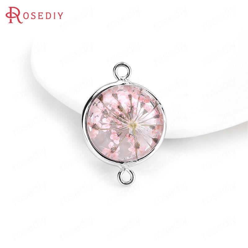 (C828)6 pieces 14x20mm 24K Gold Color Brass and Glass 2 Holes + Dried Flower Round Connect Charms Pendants Diy Jewelry Findings