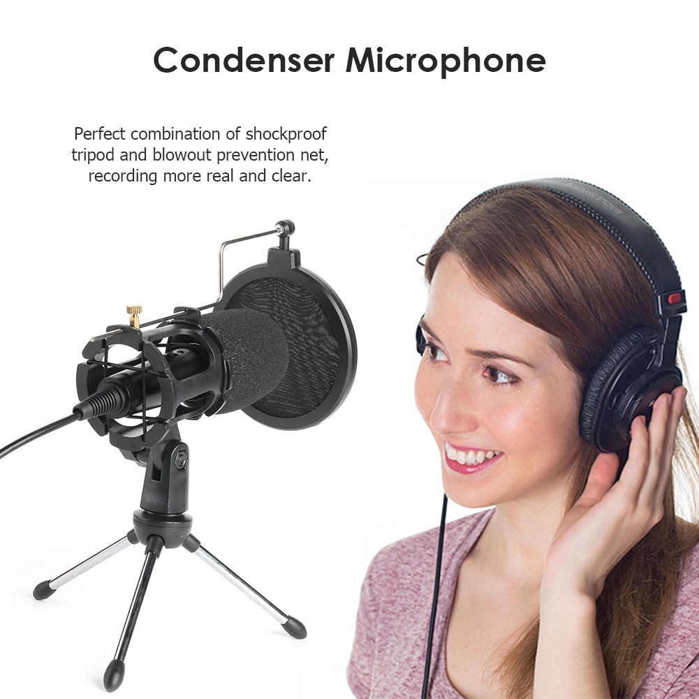 3.5mm Condenser Microphone with Desktop Tripod Shock Mount for Recording Chatting Network Teaching Video Conferencing