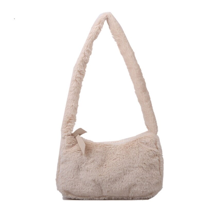 Mulheres de pelúcia ombro underarm saco macio outono inverno moda fofo feminino compras tote cor sólida casual zíper fuzzy bolsa: Cáqui