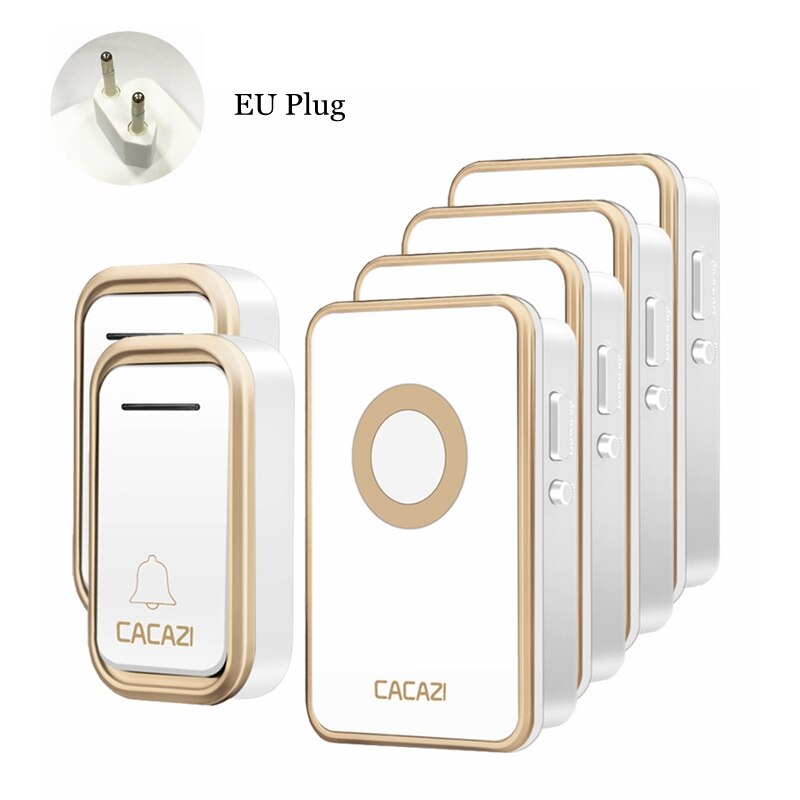 CACAZI Wireless Doorbell Waterproof 300M Remote 2 Battery Button 4 Receiver led light US EU Plug Home Cordless door bell chime: gold 2x4 EU