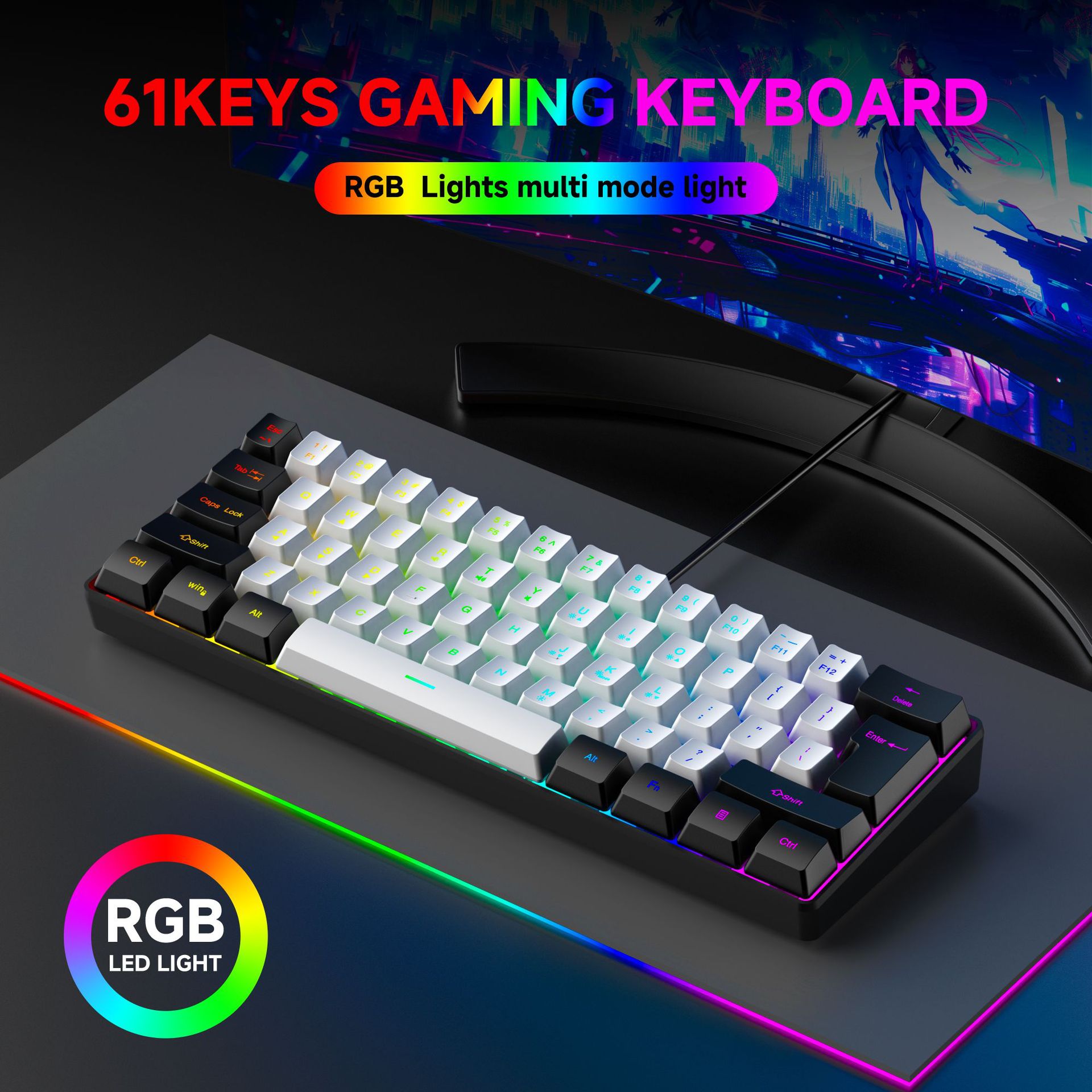 USB-verkabelte RGB-Gaming-Tastatur, 61 Tasten, weiß, schwarz, kompakte Mini-Bürotastatur und Maus für PC, Desktop-Computer, Gamer-Tastatur