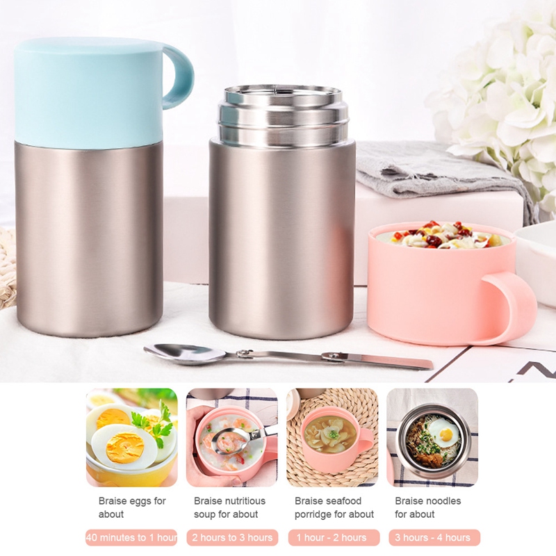 Pot de nourriture de bouteille de vide d'acier inoxydable de 600Ml bécher braisé Thermoses thermiques de soupe d'isolation de Pot de ragoût avec le pliage portatif S