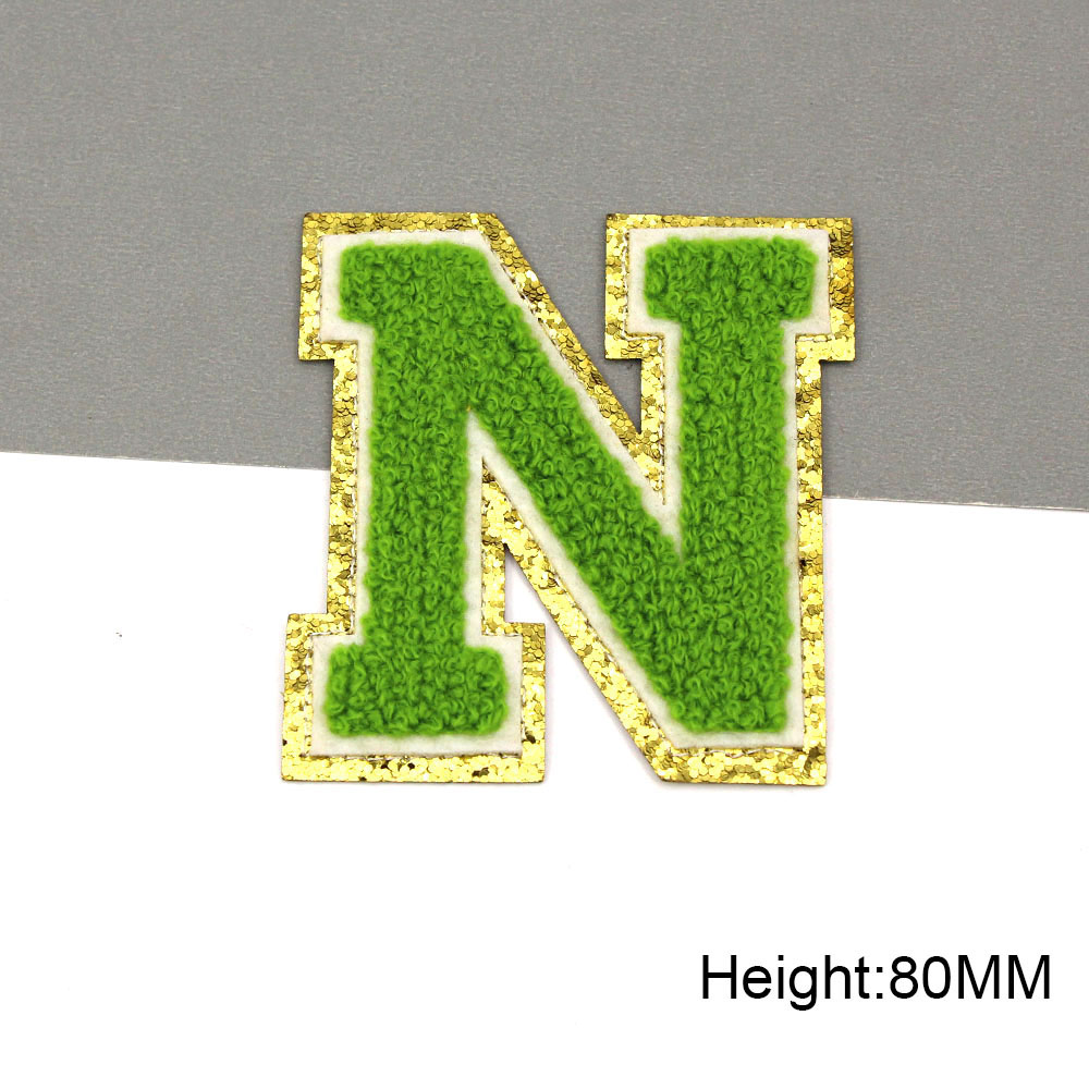 Parche bordado con letras verdes para ropa de niños, parche para planchar, bolsos, Jeans, apliques de chenilla, nombre DIY, 80MM