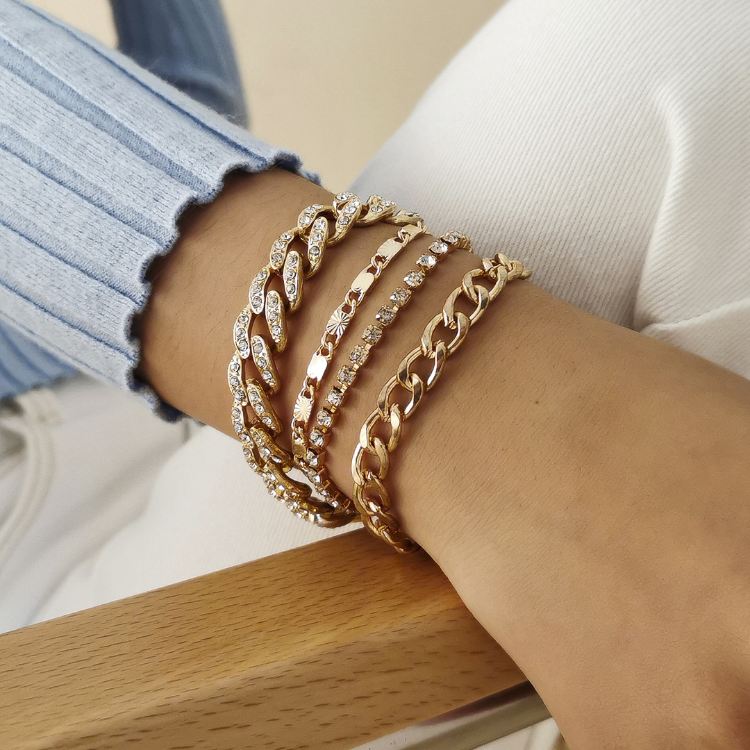 4 Stks/set Luxe Shiny Rhinestone Armbanden Set Bangle Vrouwen Mannen Verstelbare Clear Crystal Chunky Link Charm Armband Hand Sieraden: Donker Goud