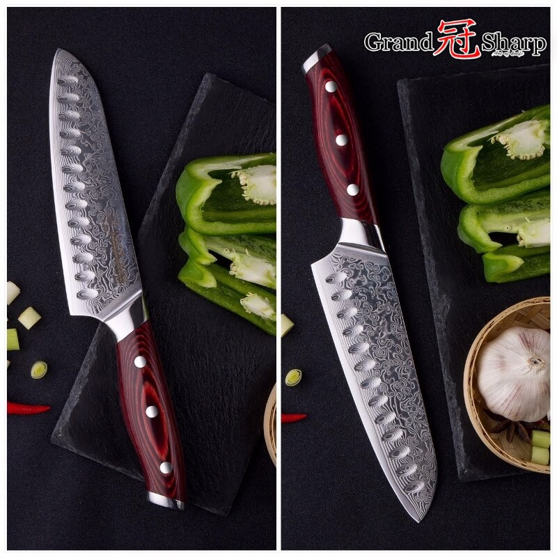 3 Stuk Koksmes Set Japanse Keukenmessen Santoku Utility Koken Butcher Gereedschap 67 Lagen Damascus Staal Rood Hout handvat