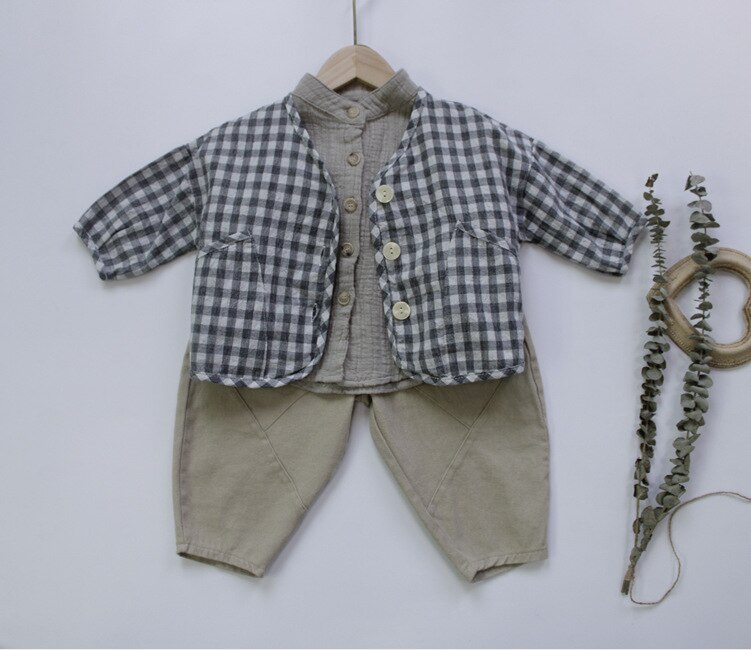Höst baby pojkar bomull linne skjortor ren färg koreansk stil ståkrage små barn barn långärmade skjortor toppar