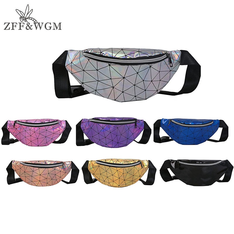 ZFF & WGM-riñonera holográfica para mujer, bolso de cintura negro con holograma geométrico, bolsa de pecho de cuero, bolsa de cadera