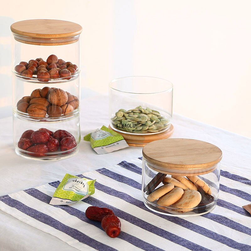 Tarros de almacenamiento de vidrio apilables de alta borosilicato, combinación de tanque de bambú, latas selladas de clasificación, botella de almacenamiento de cocina