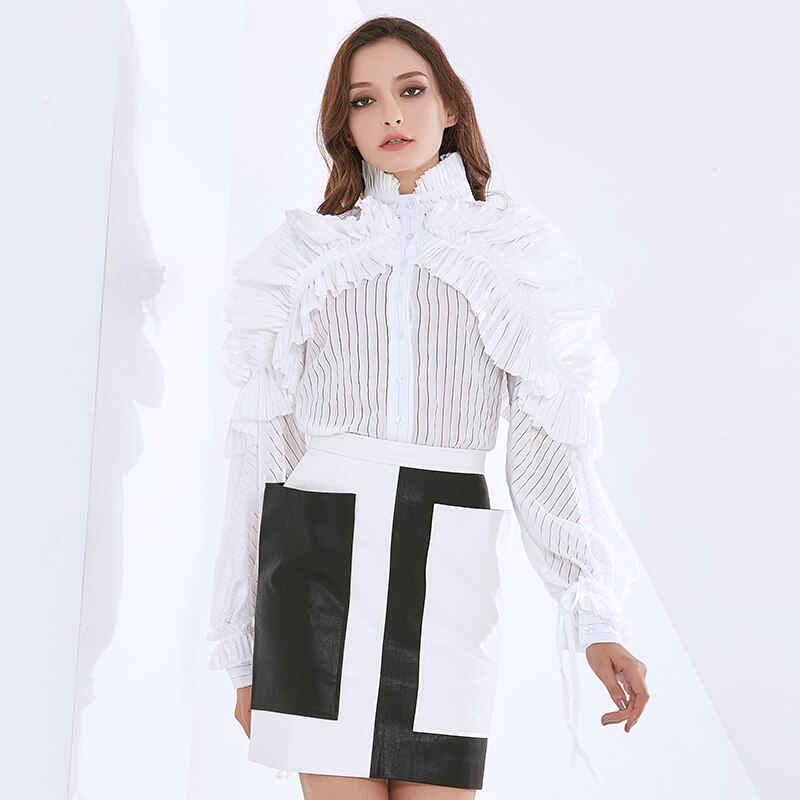 TWOTWINSTYLE-Blusa de manga larga con volantes para mujer, camisa con cuello levantado, estilo de ropa a la ,: white / M