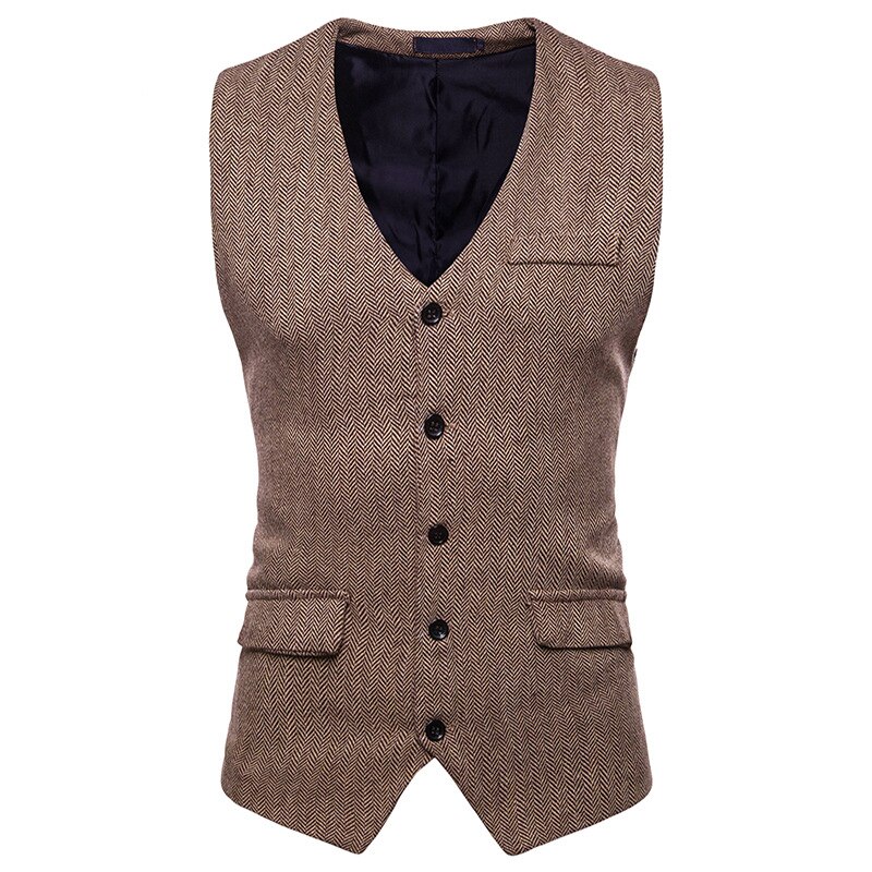 Vintage Bruin Tweed Pak Vest Mannen Mouwloze Visgraat Tweed Smoking Vest Mannen Business Bruiloft Vesten Xxl