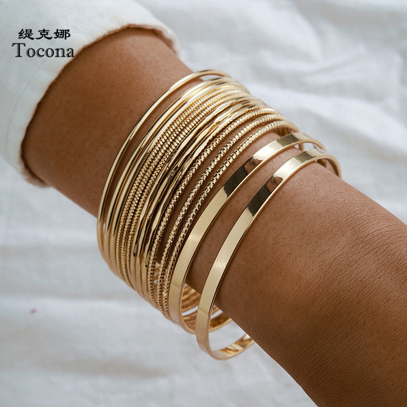 Tocona-Conjunto de pulseras de aleación metálica para mujer, accesorios de joyería, brazaletes de color dorado, estilo bohemio, punk, 15165, 14 unidades, a la ,