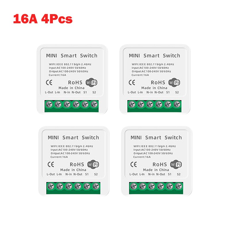 Tuya zigbee smart switch nej / med neutral  eu 220v 2- vejs trådløs lyskontakt relæ zibee 2 mqtt hjemmeassistent tuya smart home: 16a 4 stk