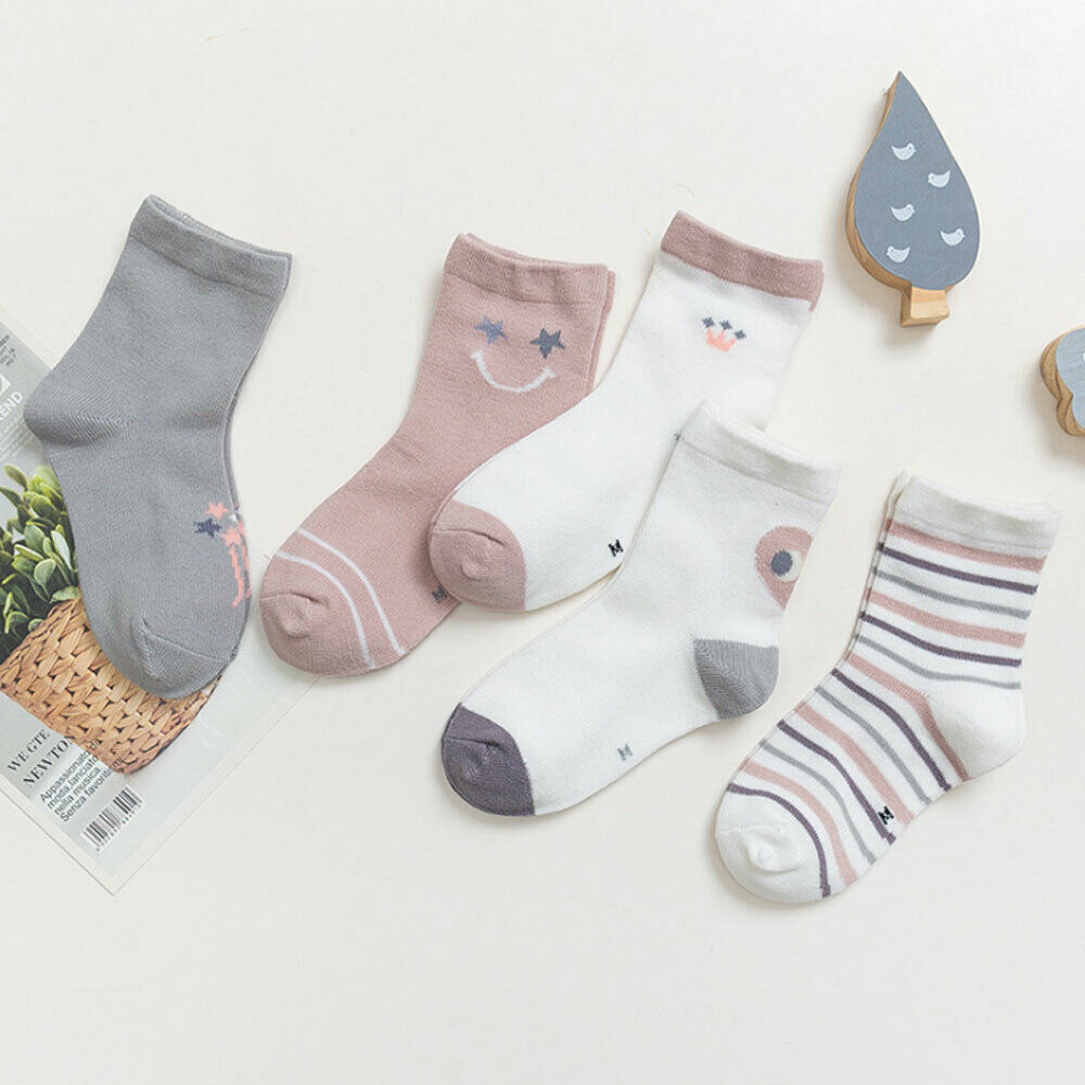 5 Pairs Cute Unisex Cotton Kids Baby Socks Anti-Slip Infant Knee High Sock Toddlers Girls Boys Socks For 1-12Years: E / M
