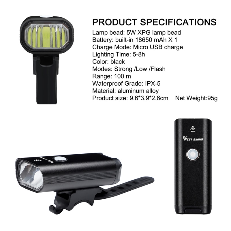 West biking cykellygte  l2 led usb genopladelig cykel pandelampe 3-5 modes cykelstyr sikkerhedslommelygte med advarselslys