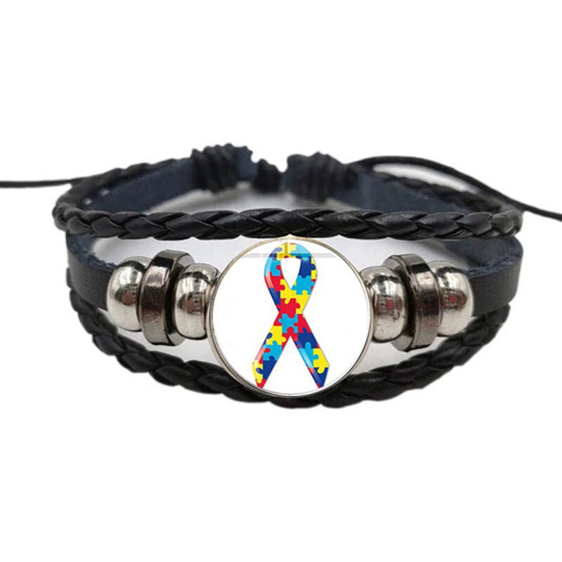 Puzzle Autism Awareness Bracelet Puzzle Ribbon Glass Picture Woven Leather Survival Bracelet Love Hopeful Jewellery: 9