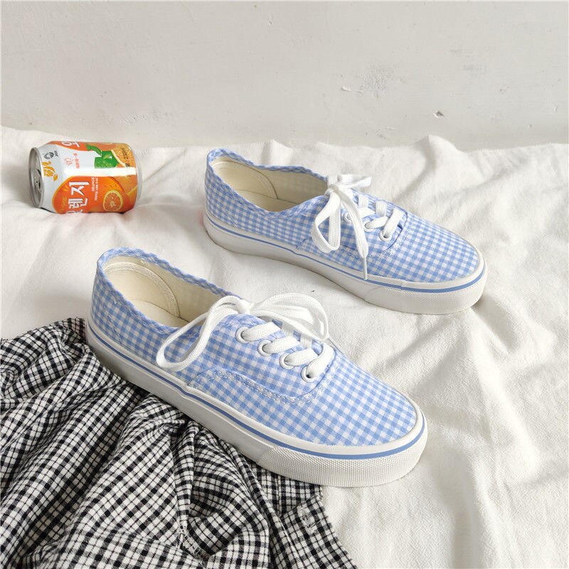 Chaussures en toile de damier bleu authentique pour femmes, baskets de skateboard, plates vulcanisées pour filles