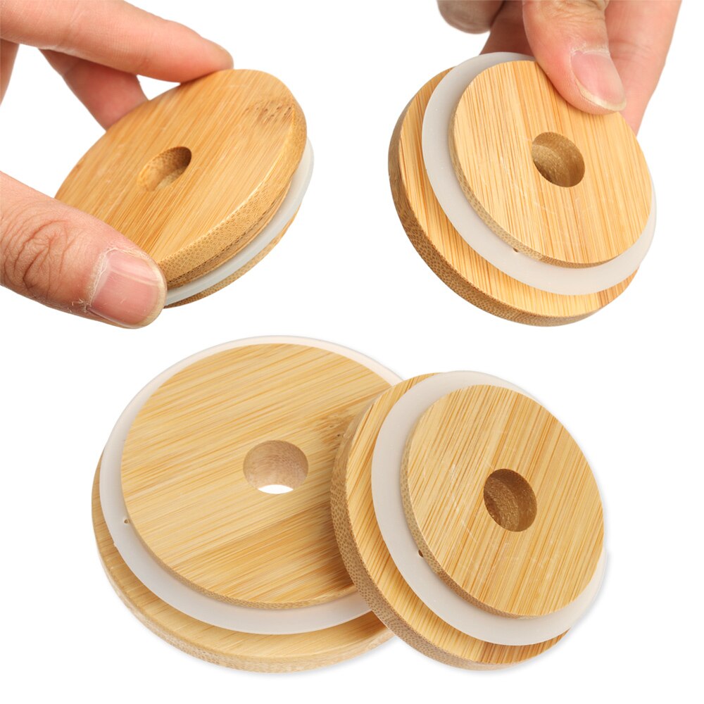 70mm/86mm Reusable Bamboo Wood Lids Mason Jar Lid with Straw Hole Silicone Seal Ring Wide Mouth Cup Covers Caps Decor Crafts