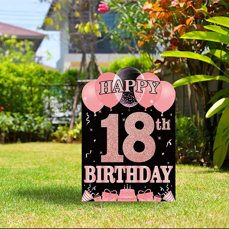 Happy 18th Birthday Yard Sign Party Favor Waterproof Rose Gold Theme Pink Lawn Signs Birthday Decoration Supplies for Teens