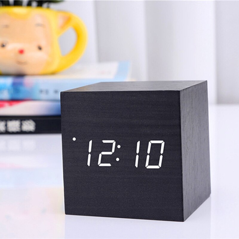 Led træ vækkeur ur bord stemmestyring vågne lys digitalt træ ur alarm usb/aaa powered ure bord boligindretning: S sort hvid