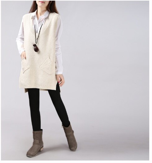 Vår høst vester vest ermeløs v-hals lang strikket dameklær fritidsgenser vester one size colete feminino: Beige