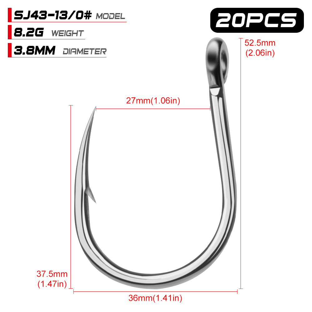 20pcs Saltwater Fishing Hook Jigging Hook 1/0#-13/0# Stainless Barbed Steel Fishhook with Hole for Fishing Accessories Pesca: 13-0