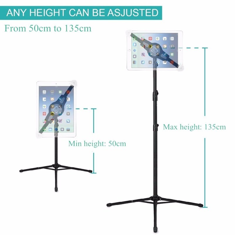 Tablet Tripod Stand - 7-12.9 Inch Adjustable Height - 360° Rotating Holder - Aluminum Alloy